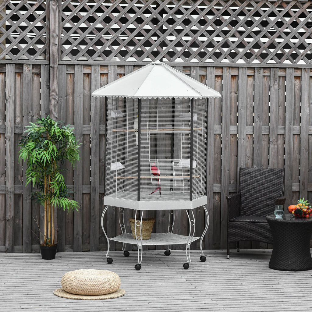 77" Flight Bird Cage Hexagon Covered Canopy Portable Aviary With Storage