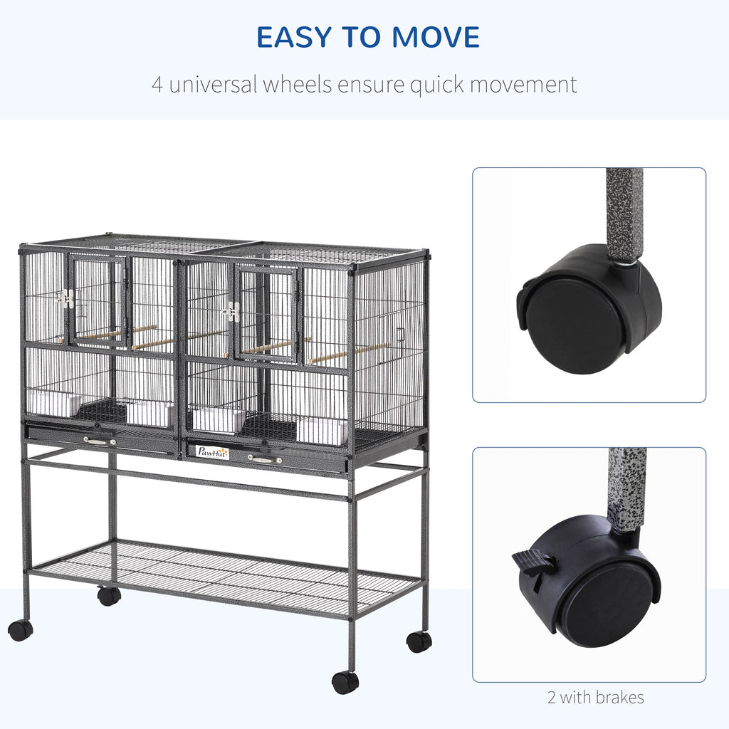 Divided Breeder Bird Cage with Rolling Stand Removable Metal Tray, Storage Shelf, Wood Perch, and Food Container