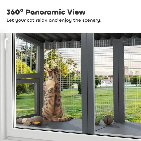 Wooden Cat Catio, Outdoor Cat Enclosure Window Perch With Jumping Platform