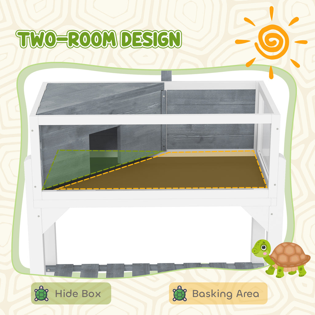 Wooden Tortoise Habitat with Storage Shelf, Tortoise Enclosure with Clear Windows, Openable Top, Lamp Holder, Gray