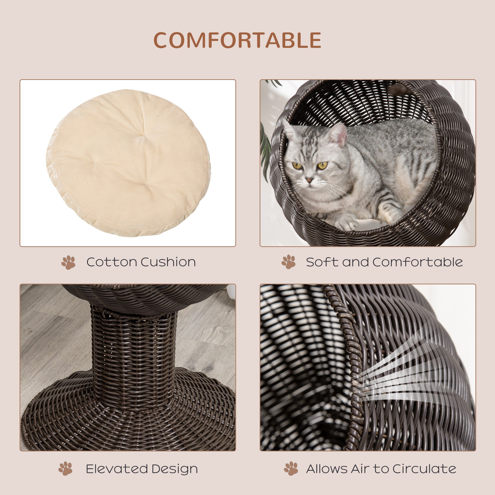 Elevated Cat Bed with Rotatable Egg Chair Pod, Cat Basket Bed with Thick Cushion, Natural Mat Grass Woven Kitty House, Coffee