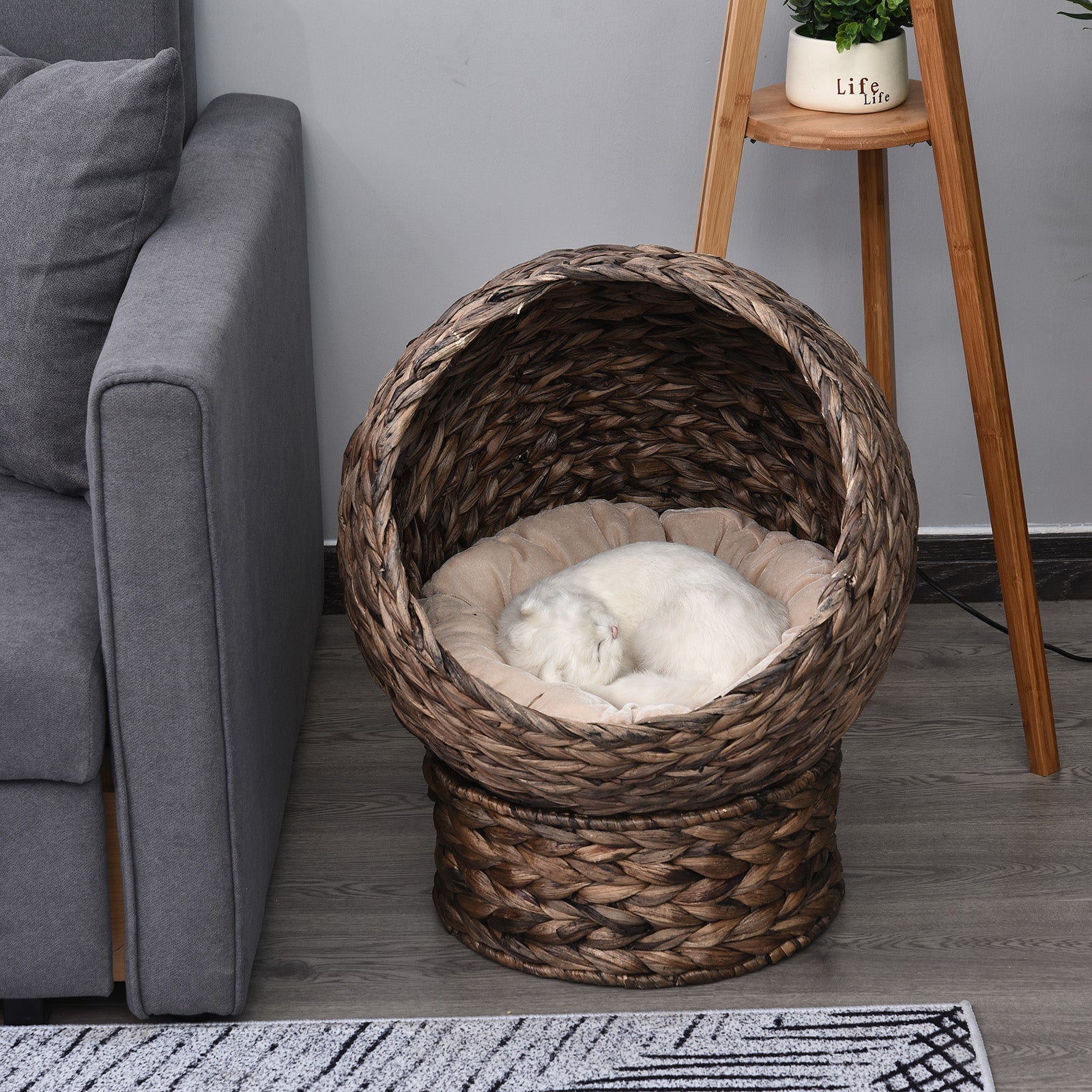 Handwoven Elevated Cat Bed with Rotating Basket and Soft Cushion, Wicker Cat Egg Chair with Stand, Brown
