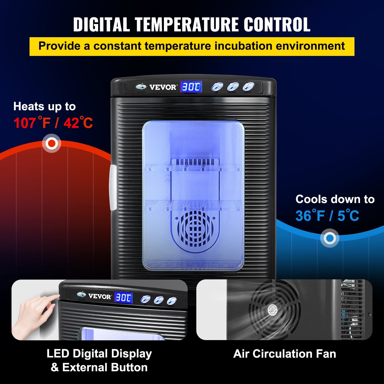 Black Reptile Incubator 25L Scientific Lab Incubator Digital Incubator Cooling And Heating 5-42°C Reptile Egg Incubator 12V/110V Work For Small Reptiles
