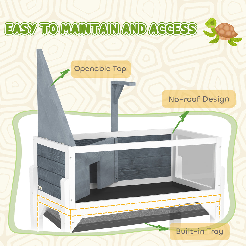 Wooden Tortoise Habitat with Storage Shelf, Tortoise Enclosure with Clear Windows, Openable Top, Lamp Holder, Gray