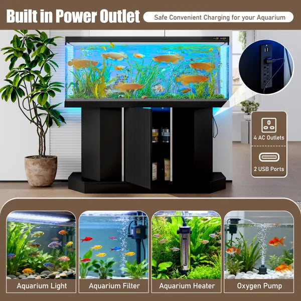 Modern 55-75 Gallon Fish Tank Stand With Power Outlet (4 AC 2 USB Ports), Heavy Duty Aquarium Stand With Cabinet Storage For Fish Tank, Turtle Tank, Reptile Terrarium, 880LBS Capacity, Black