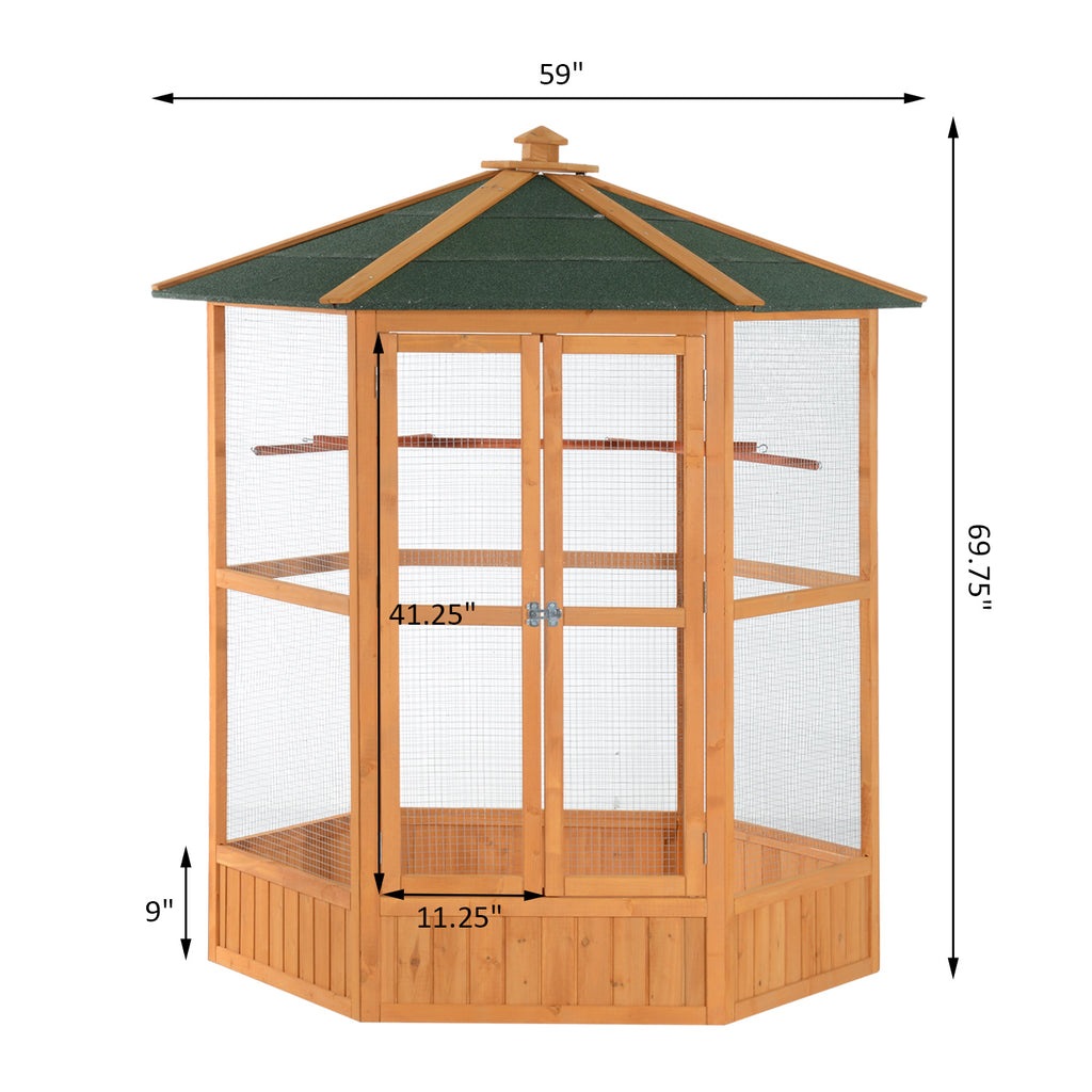 69" Wooden Hexagonal Outdoor Aviary Flight Bird Cage With Covered Roof, Brown