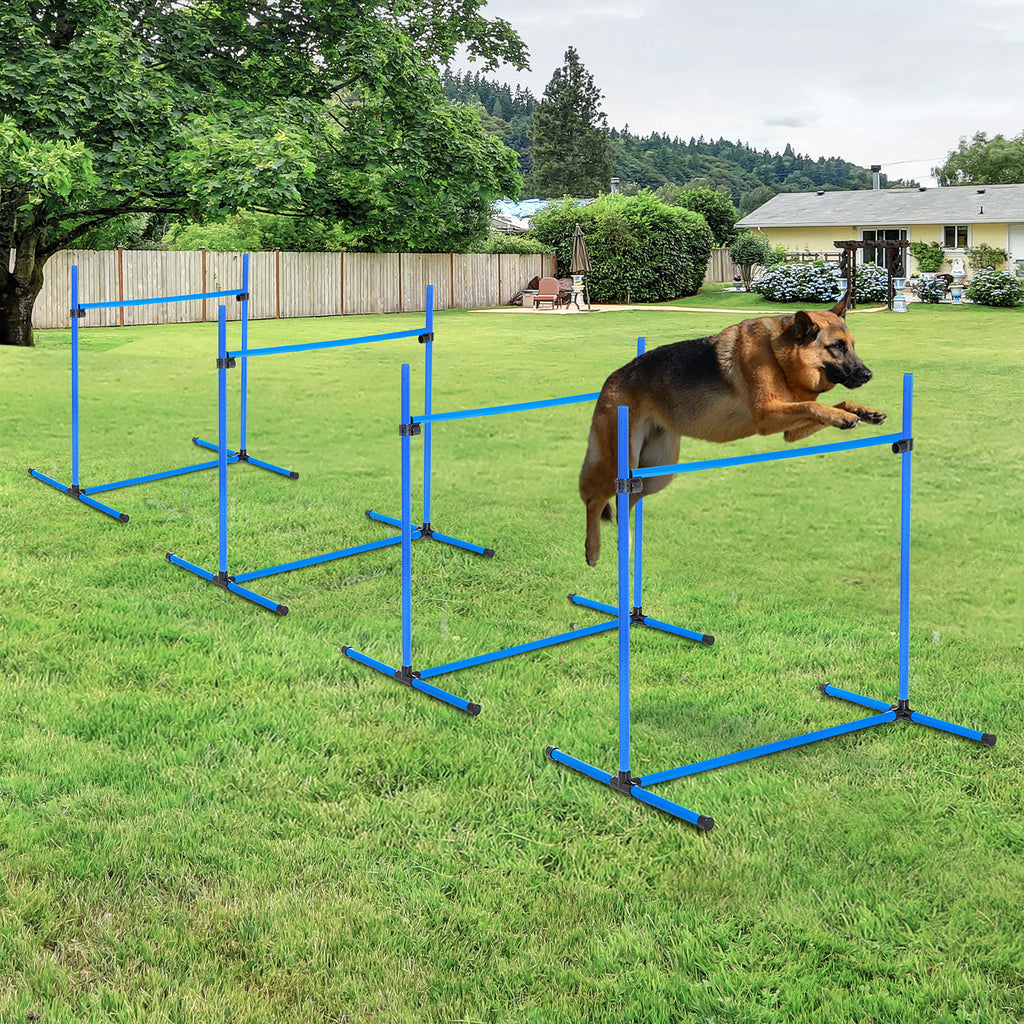 4 Piece Dog Agility Starter Kit with Adjustable Height Jump Bars, Included Carry Bag & Displacing Top Bar - Blue