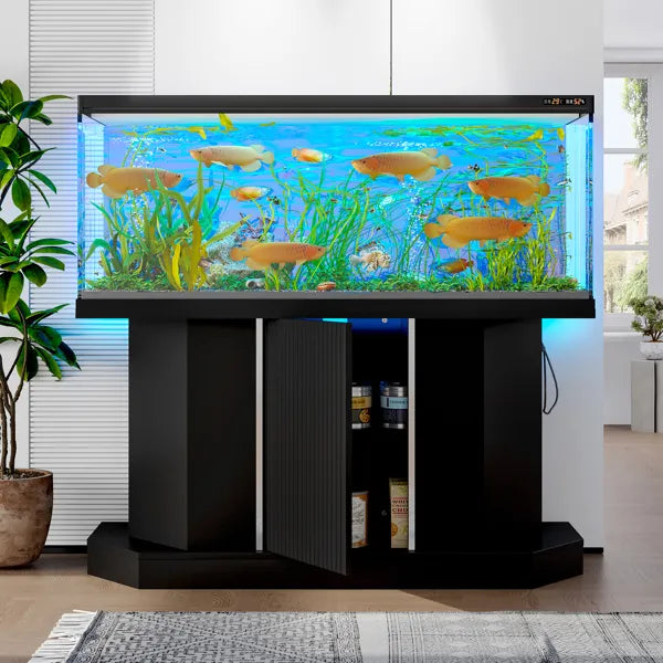 Modern 55-75 Gallon Fish Tank Stand With Power Outlet (4 AC 2 USB Ports), Heavy Duty Aquarium Stand With Cabinet Storage For Fish Tank, Turtle Tank, Reptile Terrarium, 880LBS Capacity, Black
