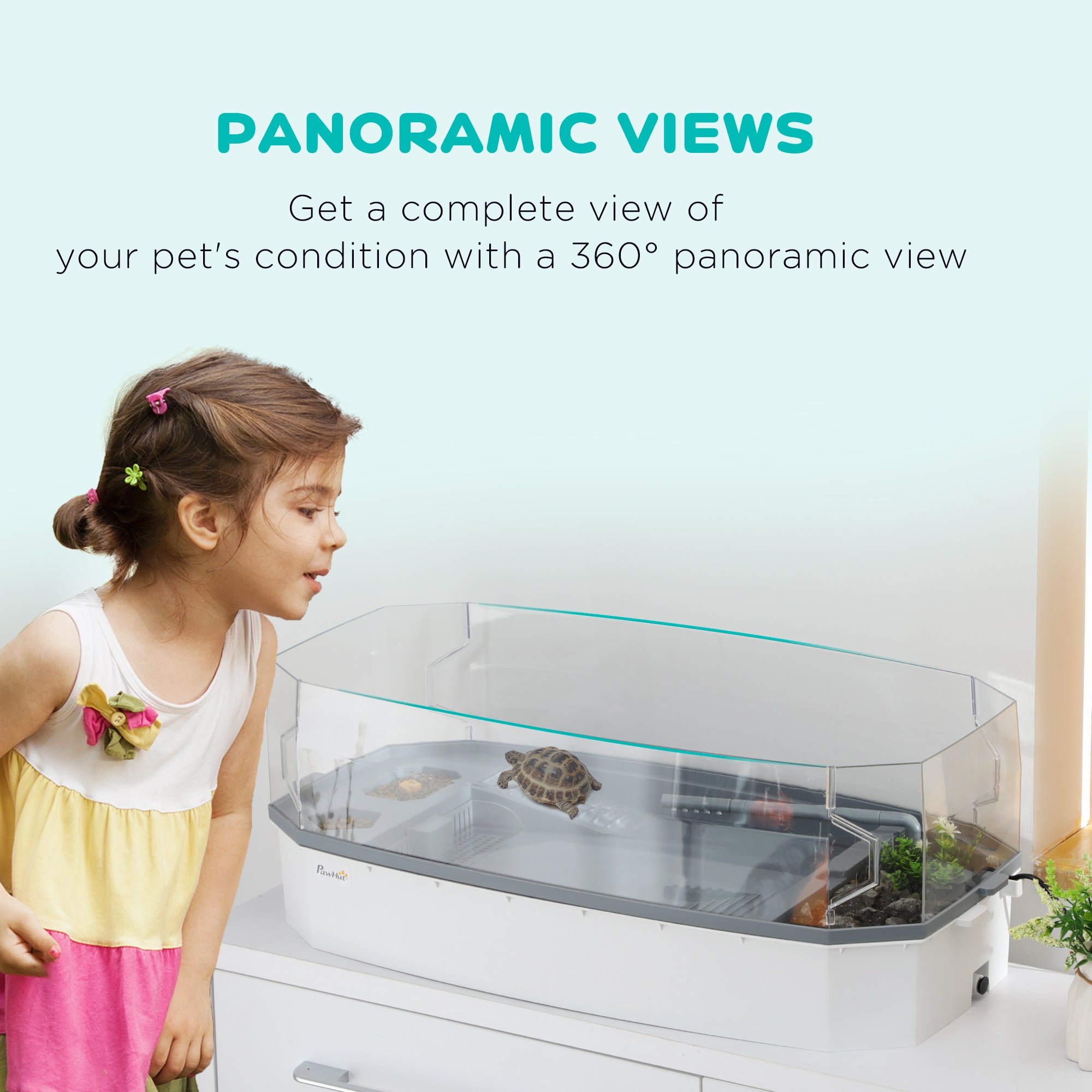 Turtle Tank Kit, Turtle Aquarium with Basking Platform, Water Pump, Filter Layer Design, Full View Visually Reptile Habitat, Easy to Clean and Change Water, Multi Functional Area