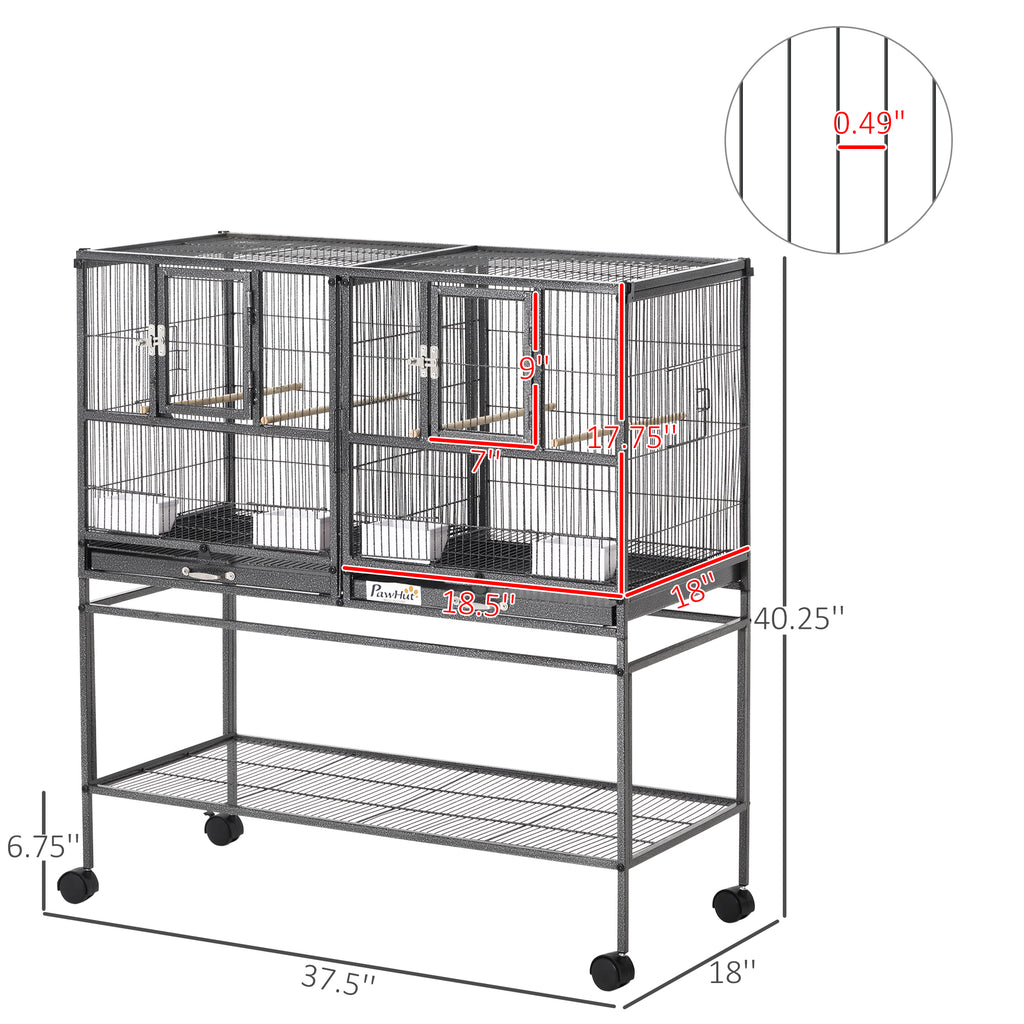Divided Breeder Bird Cage with Rolling Stand Removable Metal Tray, Storage Shelf, Wood Perch, and Food Container