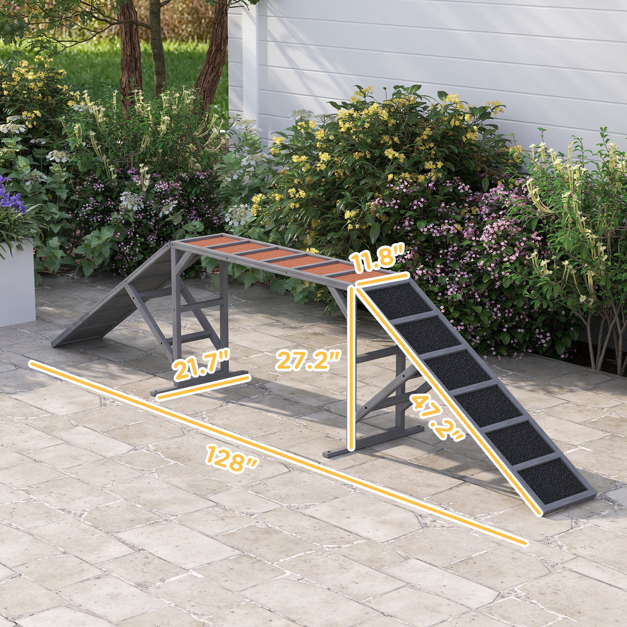 Dog Agility Equipment Ramp with Safety Bar, Non-slip Surface, for Walk and Pause Training, Gray