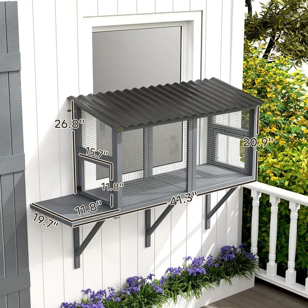Wooden Cat Catio, Outdoor Cat Enclosure Window Perch With Jumping Platform
